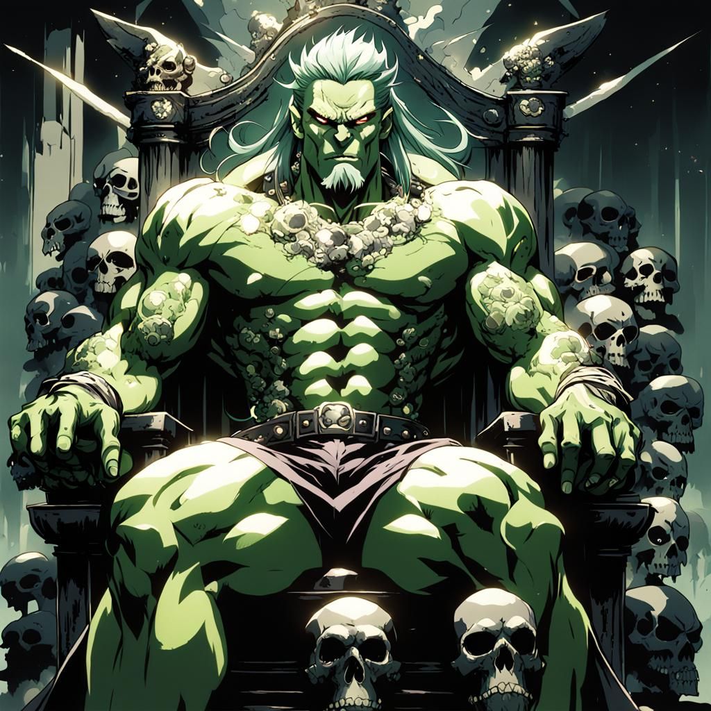 Og, King of Nephilim, on Skull Throne in Anime Style