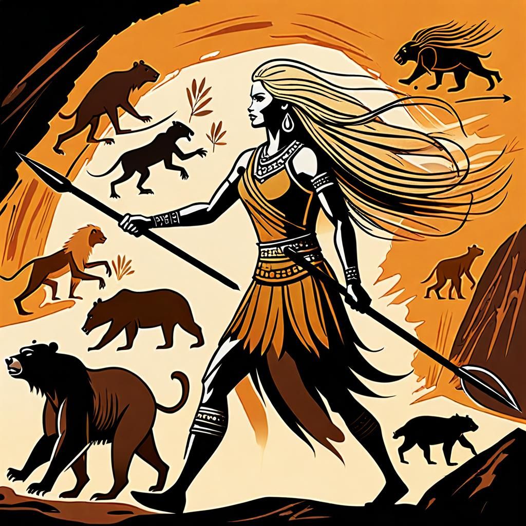 Blond Huntress Fighting Cave Bear in Cave Art Style