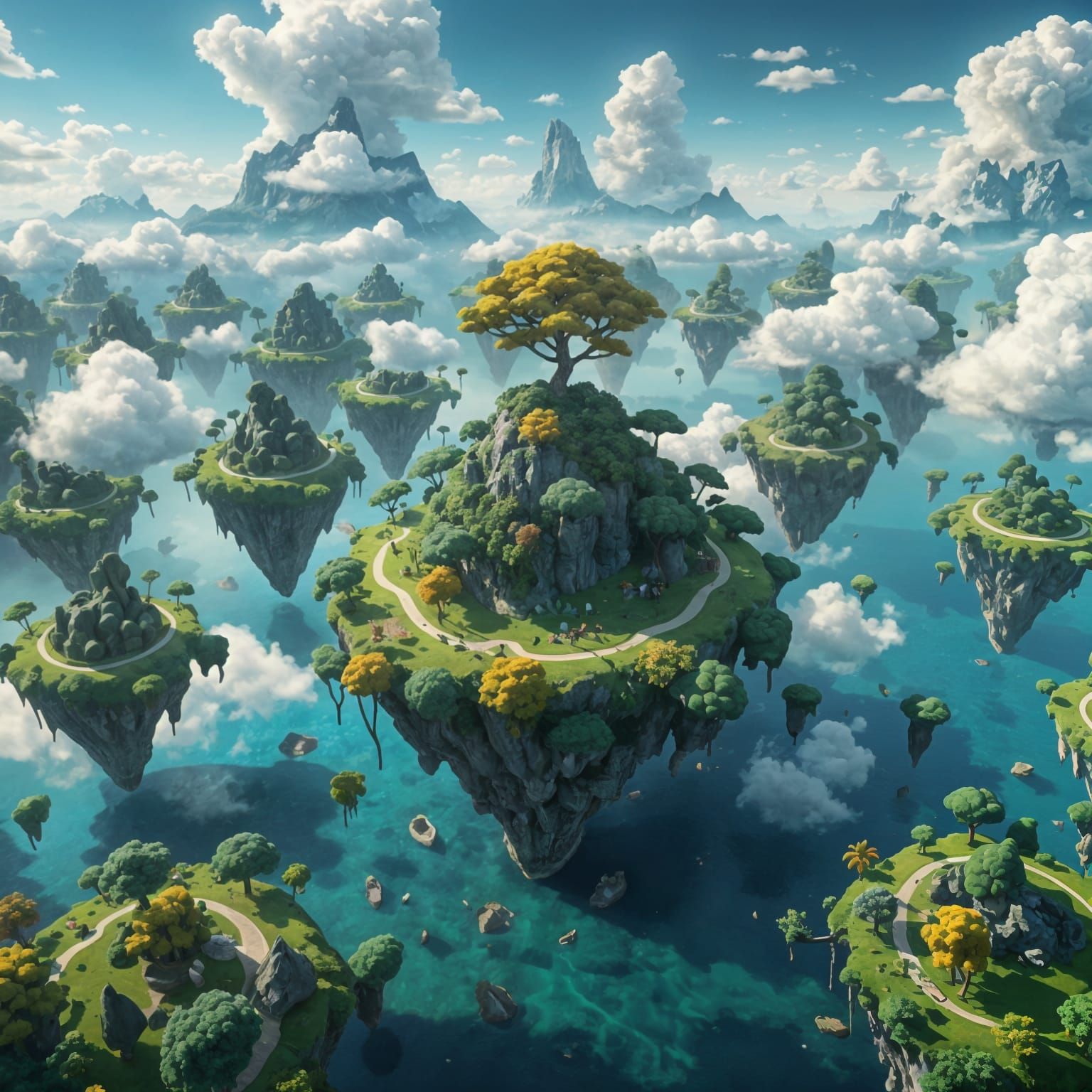Floating Islands with Diverse Trees in Cloudy Sky