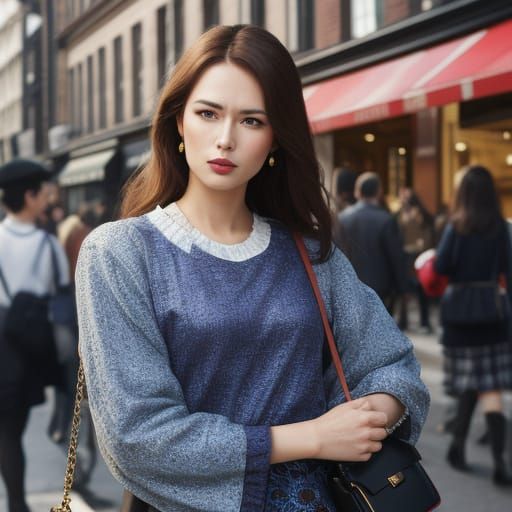 Hyper Realistic Portrait of a Woman with a Vibrant Handbag