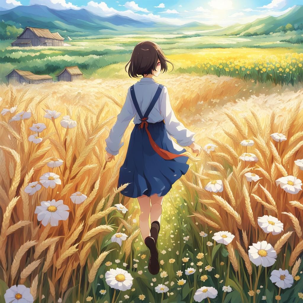 Girl Walks Through Anime Flower Field
