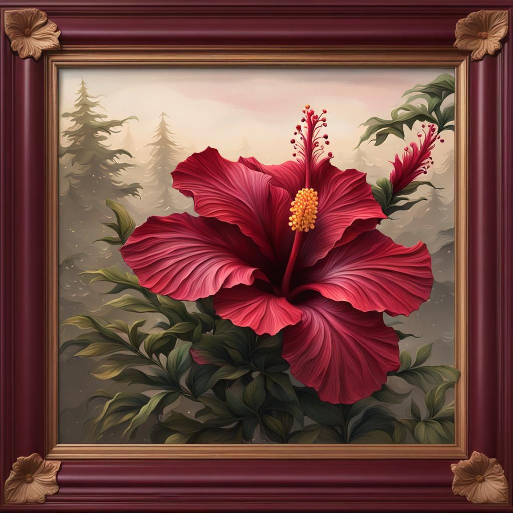 Burgundy Hibiscus Impasto Painting in Wooden Frame