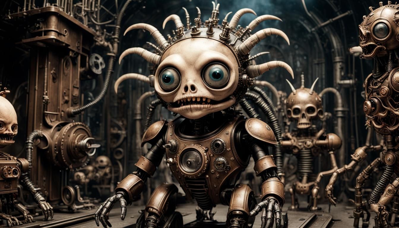Steampunk Chibi Monster Robot in Surreal Landscape