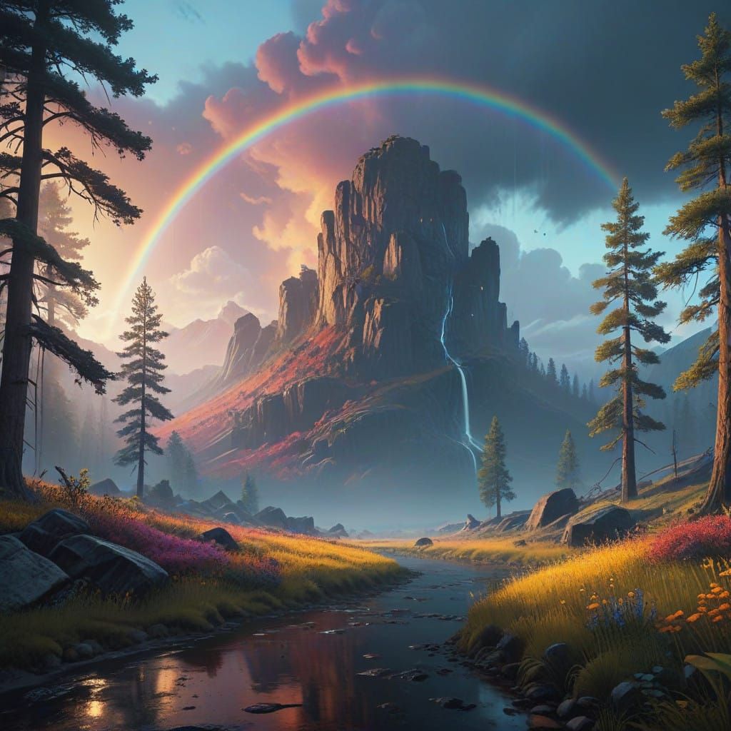 Ethereal Rainbow Landscape in Gouache Style with Cinematic L...