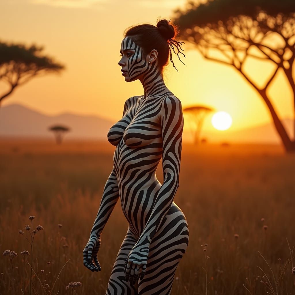 Zebra Woman in Mystical Savannah, Matte Painting