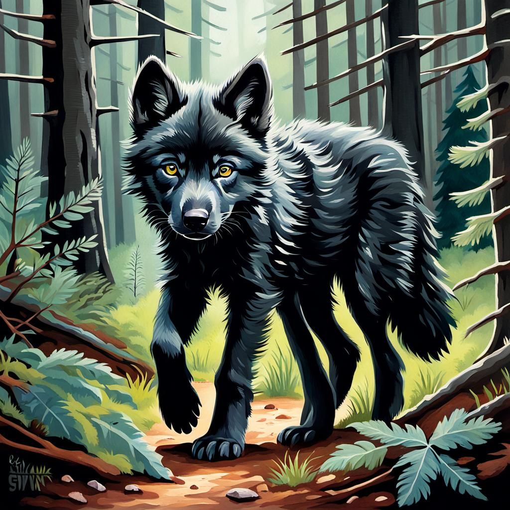 Black Wolf Puppy in Forest: Gouache Painting