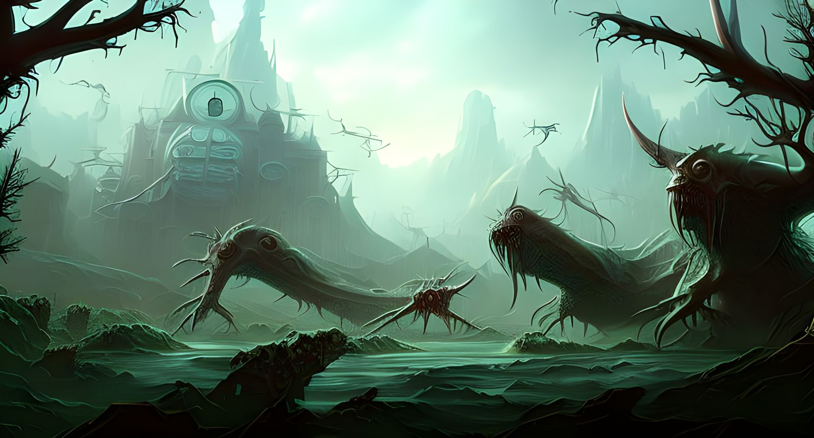 Lovecraftian Post-Apocalyptic Landscape in Dark Horror Style