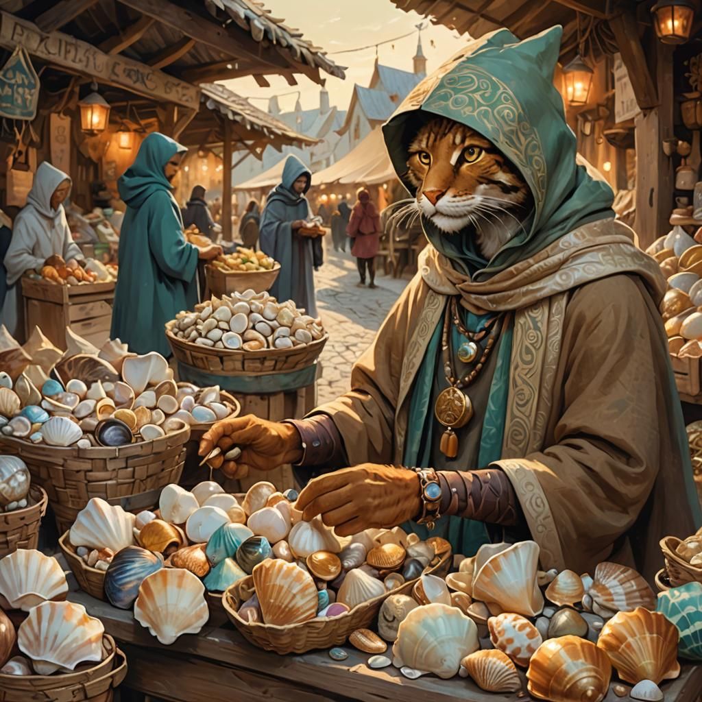 Tabaxi Purchasing Seashells in Whimsical Fantasy Market