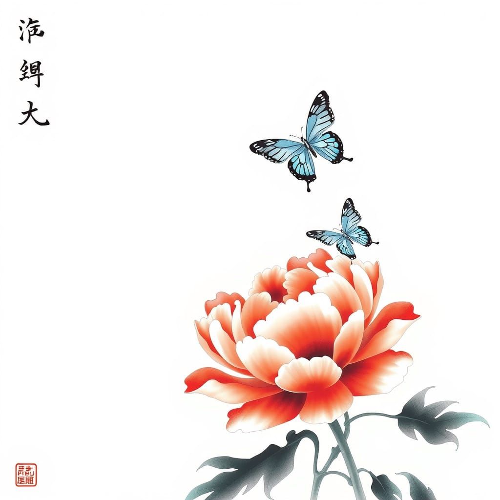 Classical Chinese Ink Drawing of a Red Peony with Light Blue...
