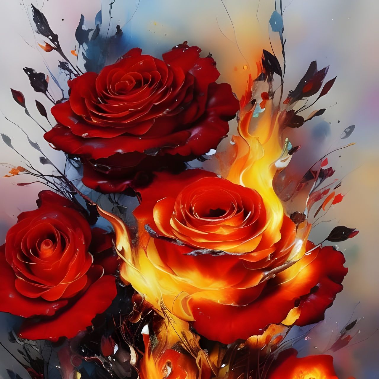 Detailed Fire Rose Close-Up in Marbling Oil Style
