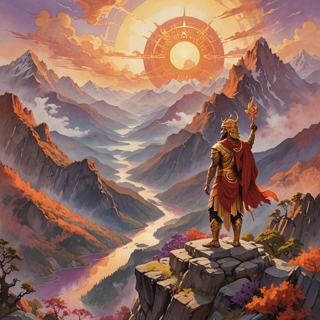 Sun God in Epic Landscape as Impasto Painting