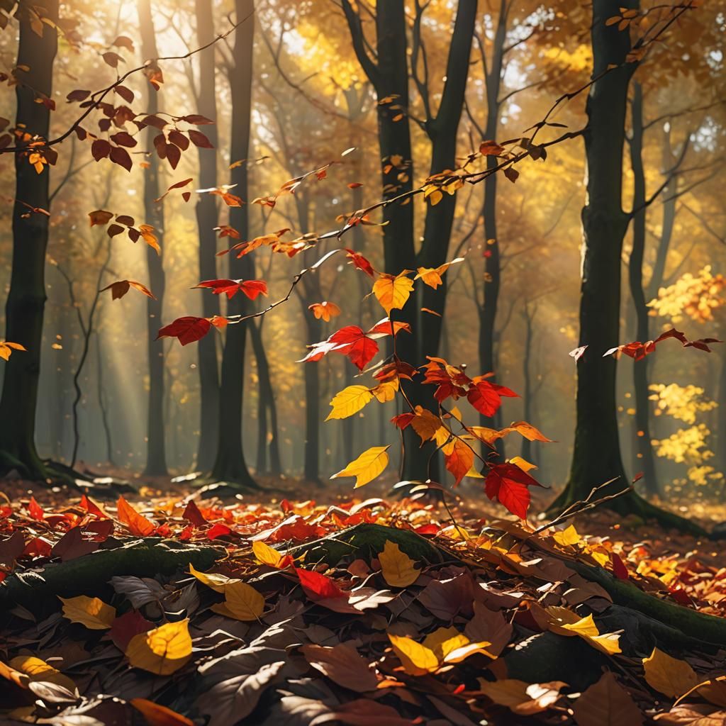 Autumn Leaves Falling in Forest: Hyper-Realistic Digital Art