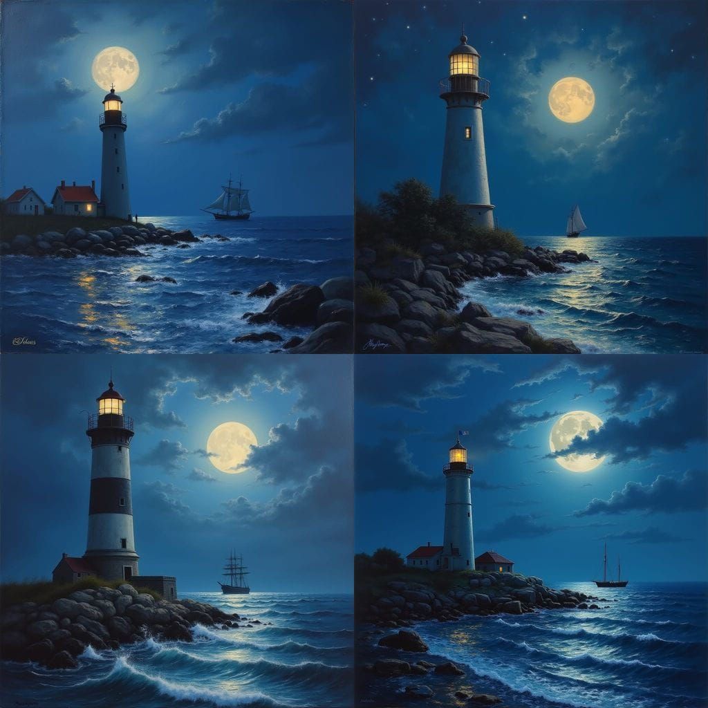Moonlit Lighthouse Illuminates a Distant Ship in the Night