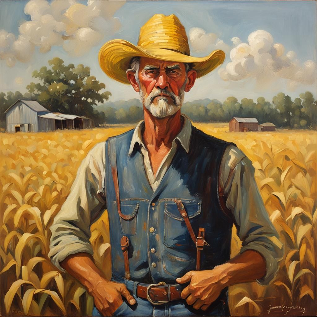 Alabama Hillbilly Farmer in Cornfield: Oil Painting