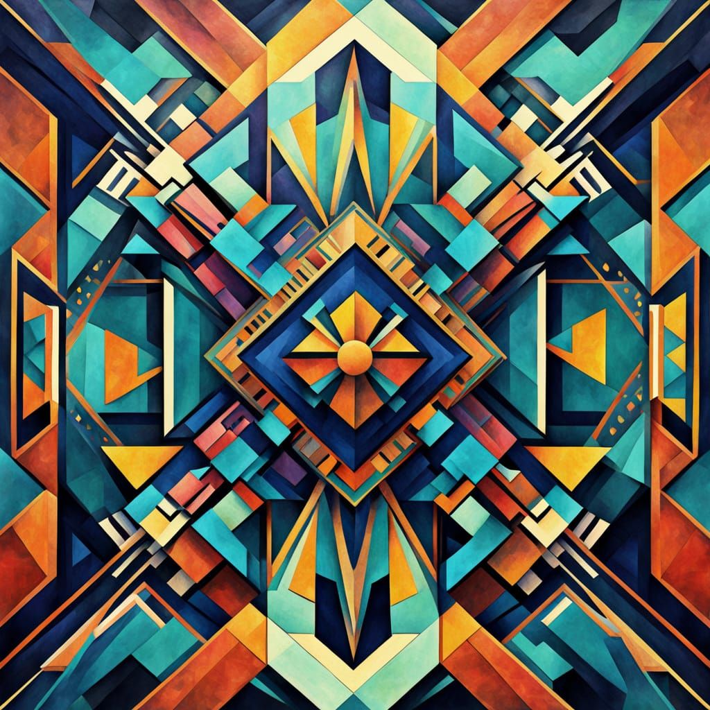 Absract modular, symmetrical, shaded coloured, geometric artdeco