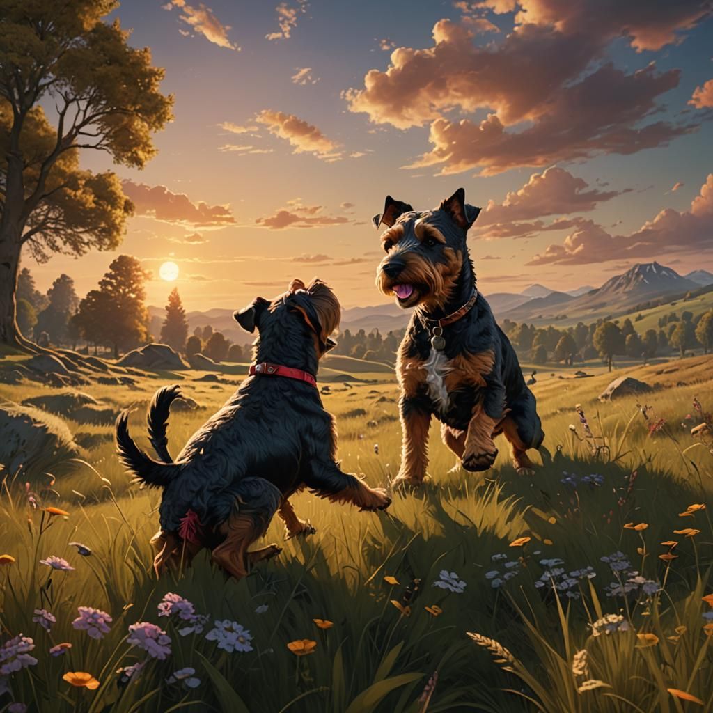 Airedale Terrier Playing in Sunset Meadow