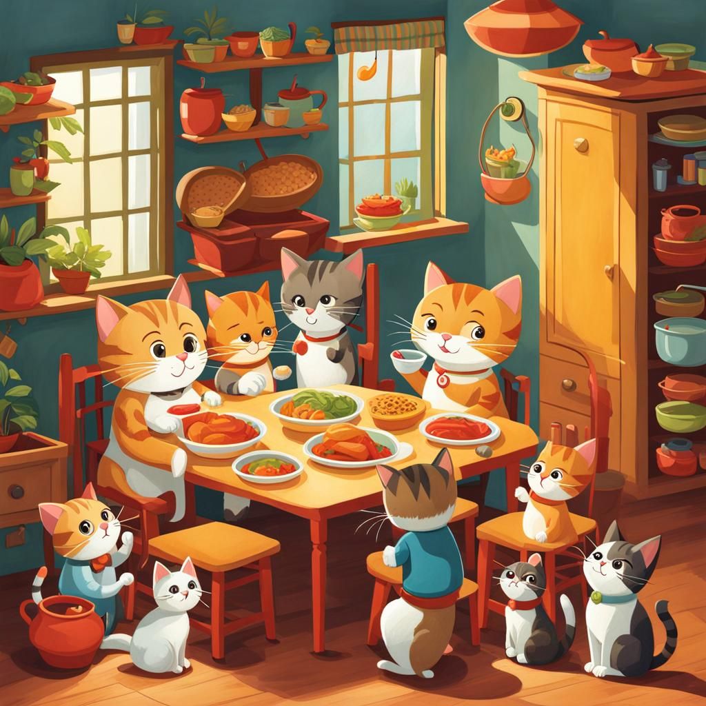 Cat Family Noodle Dinner: Children's Book Illustration