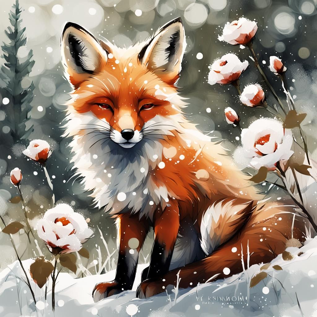 Sleeping Fox Cub in Winter Wonderland Illustration