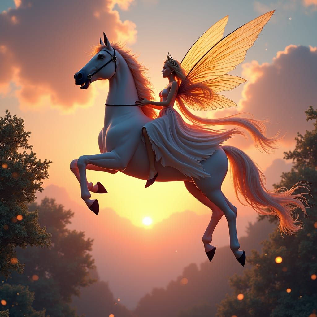 Winged Fairy on Pegasus in Sunset Sky