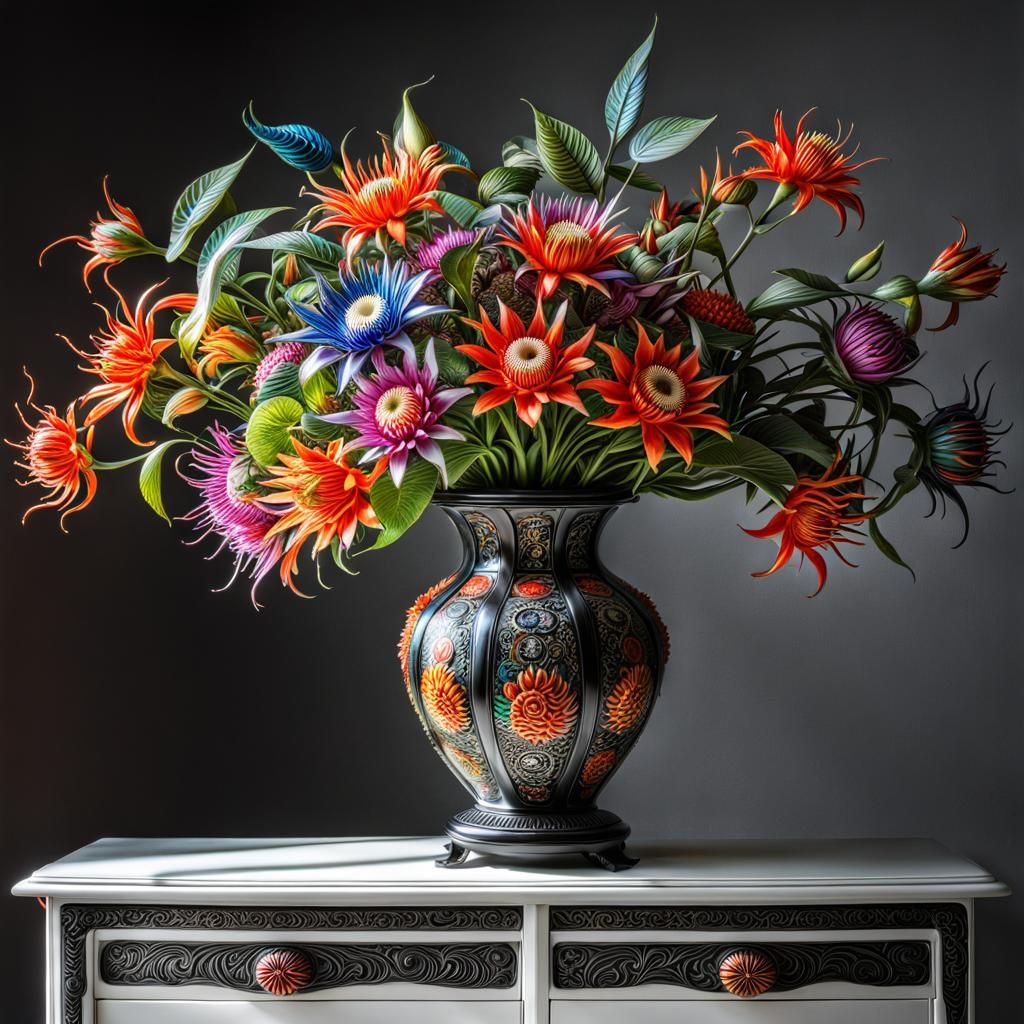 Japanese Vase with Dragonflowers in Giger Style