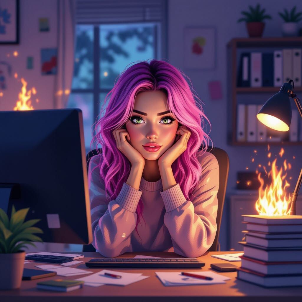 Woman Overwhelmed by Work in Surreal Room