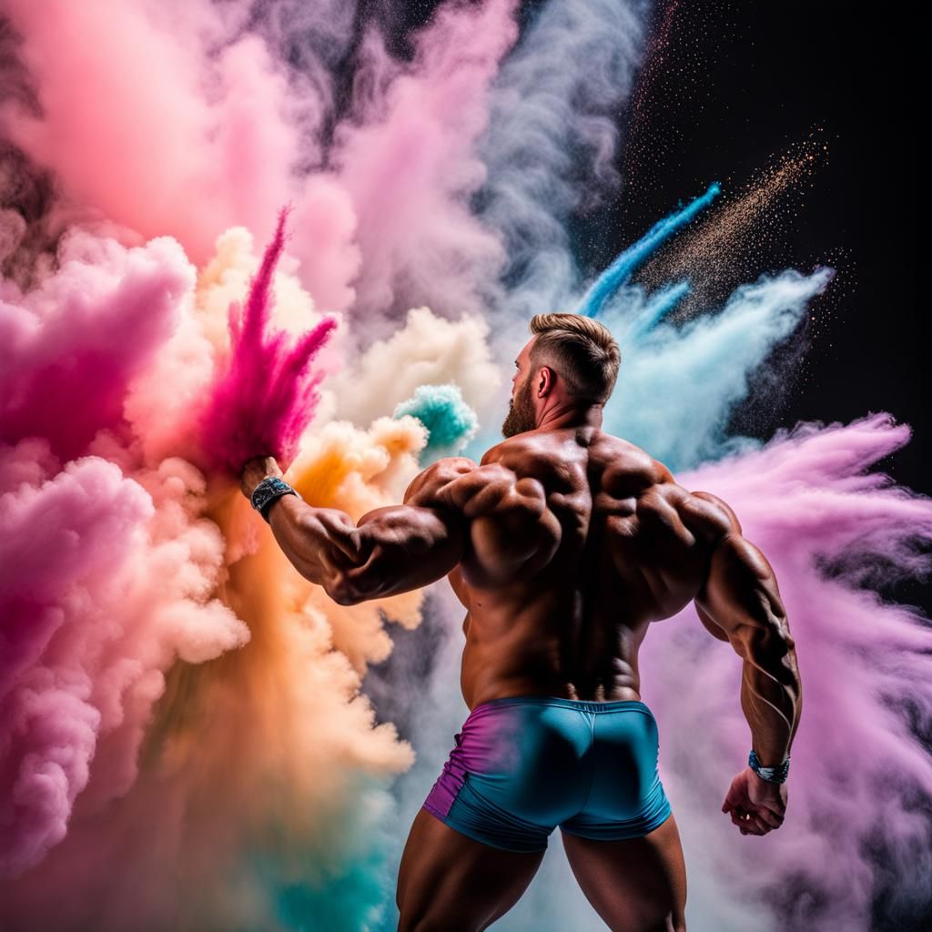 Pastel Powder Exploding Around Muscular Man