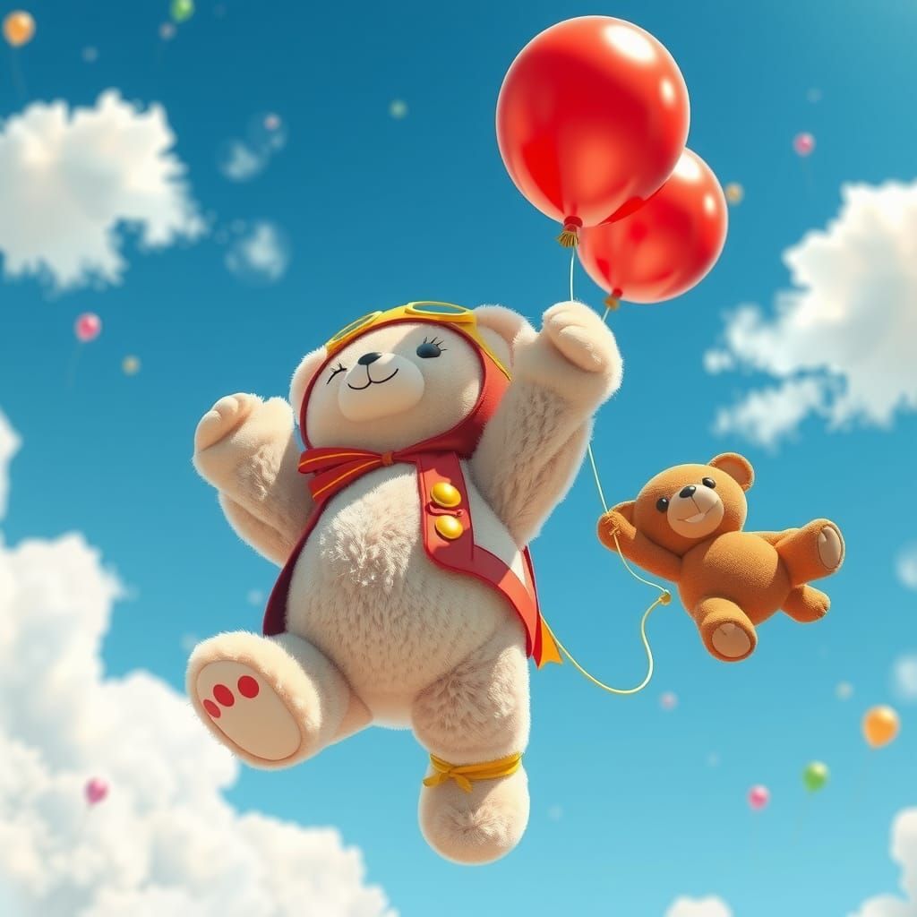 Teddy Bears Float Skyward: 3D Animation in Pixar Style