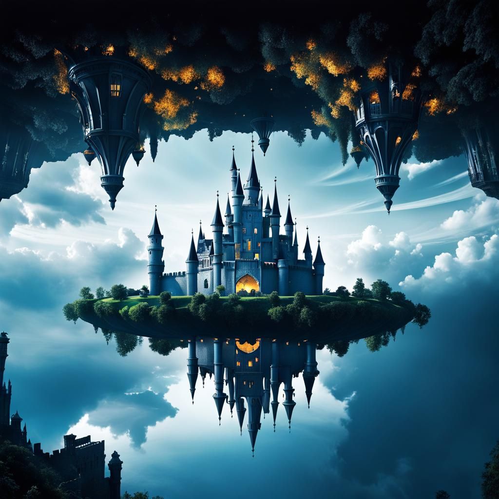 Upside Down Magical Castle in Fantasy Landscape