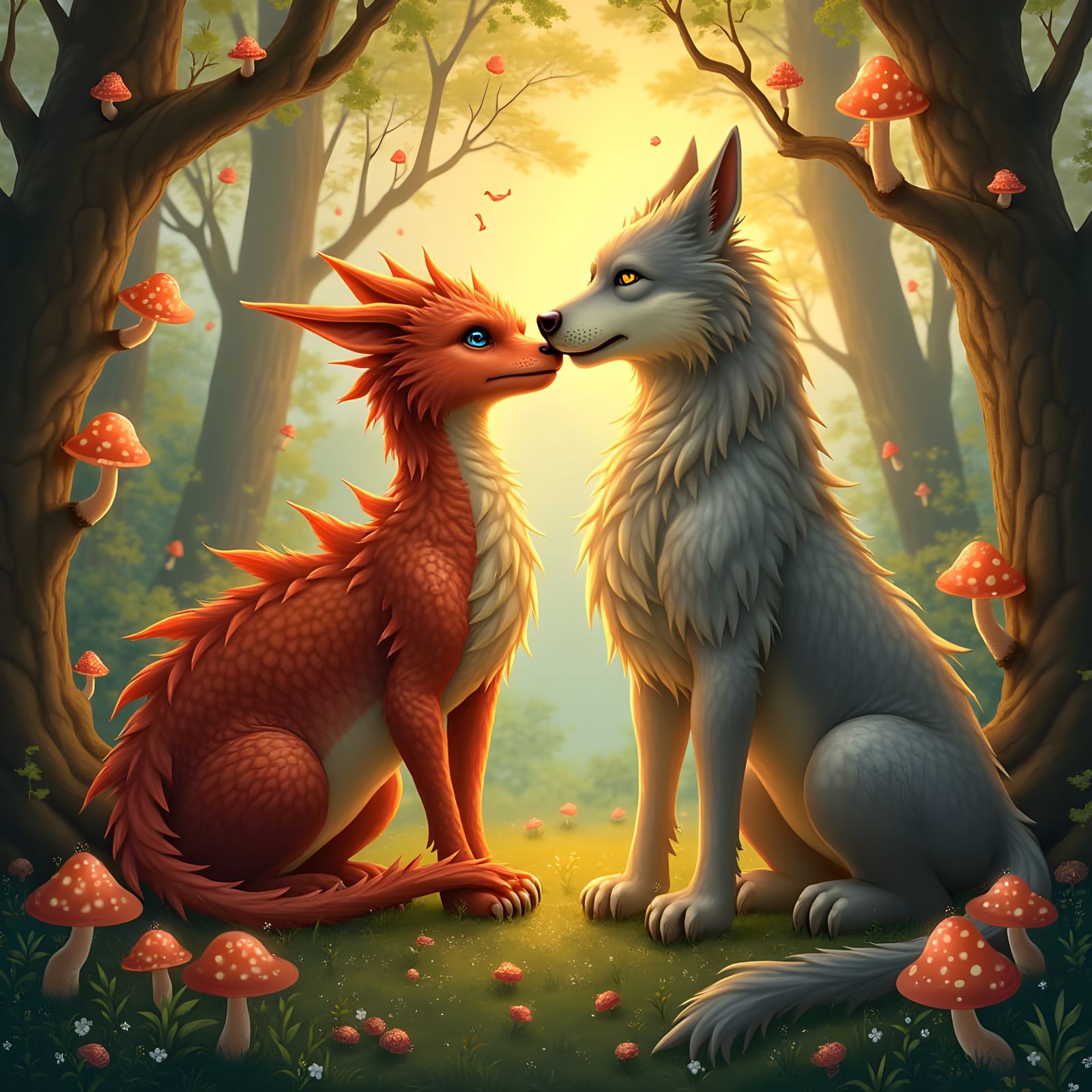 Dragon and Wolf Hug in Ethereal Forest