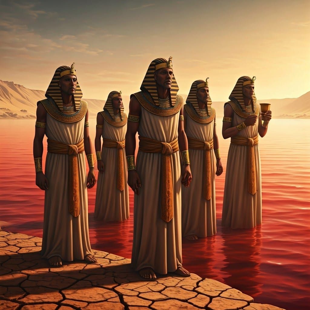 Egyptian Nobles in Crimson Nile, Shrouded in Desolation