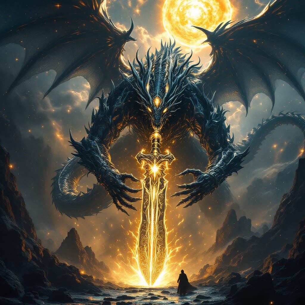 Nine-Headed Dragon Grips Sword in Sci-Fi Style