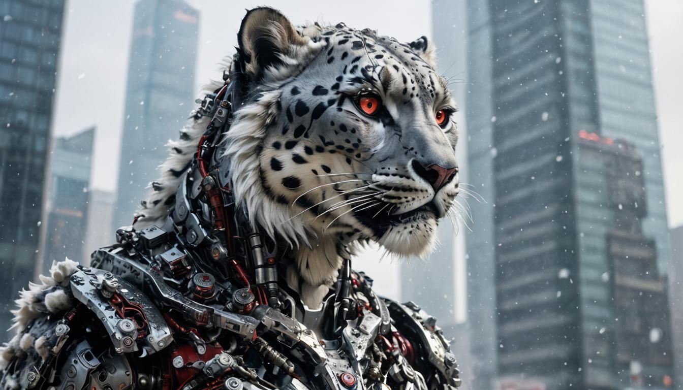 Furious Snow Leopard Cyborg Roaring Near Skyscraper
