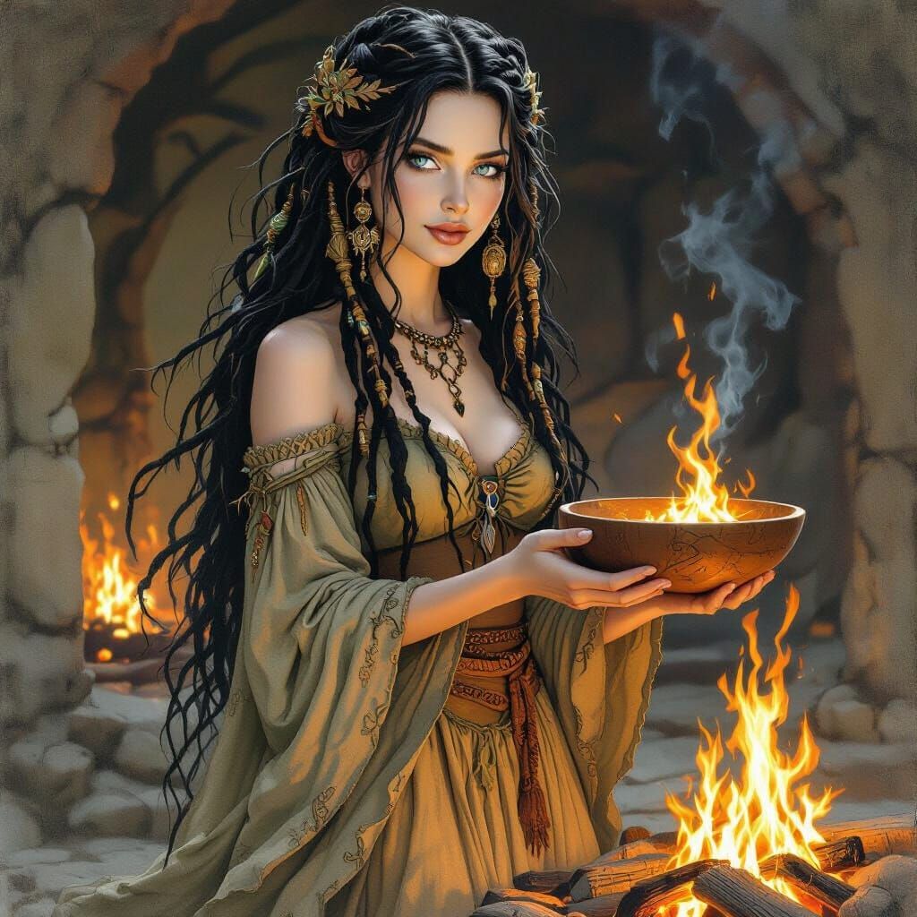 Pagan Woman Offering to Fire, in Organic Art Style