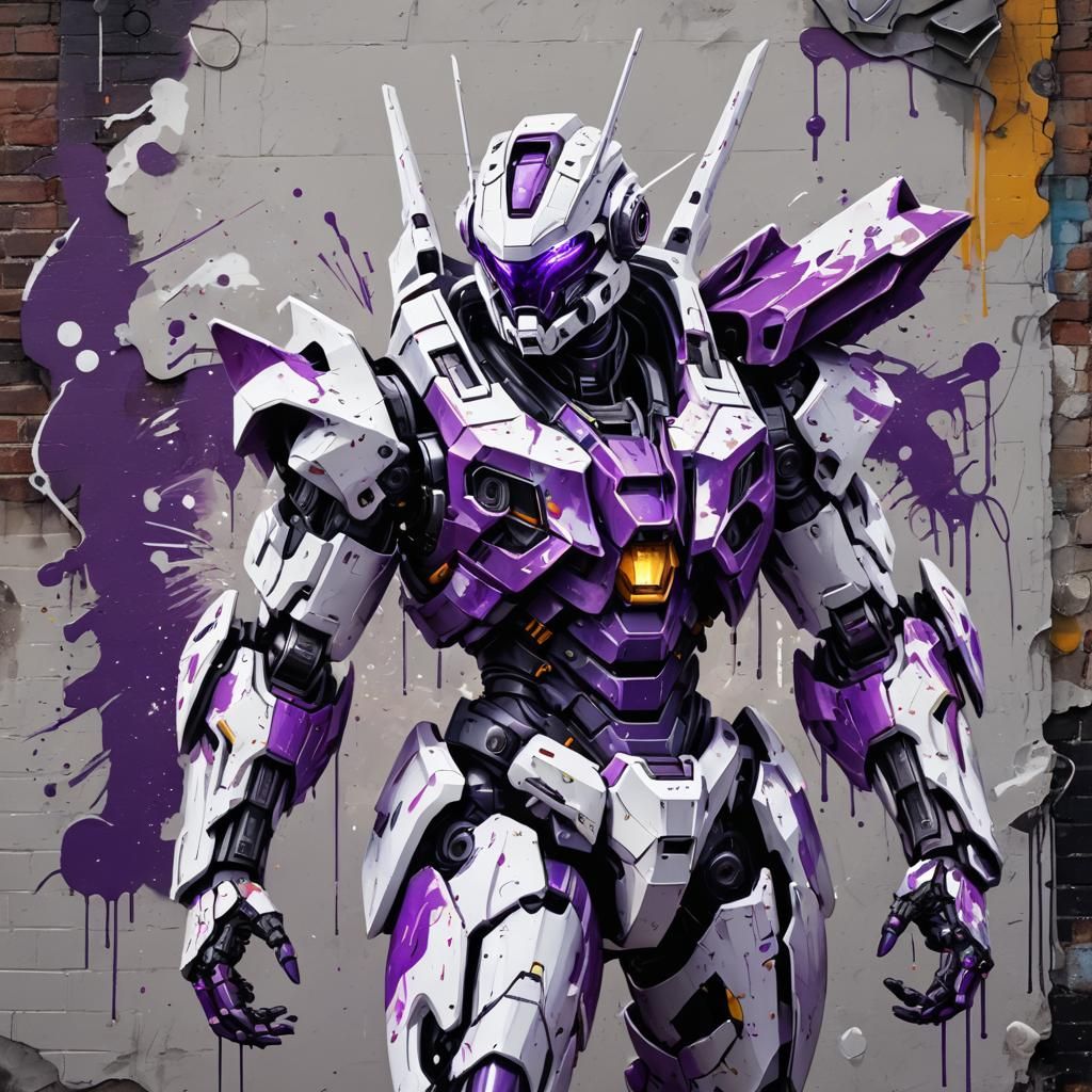 Sleek White and Purple Mecha Jaeger in Graffiti Art