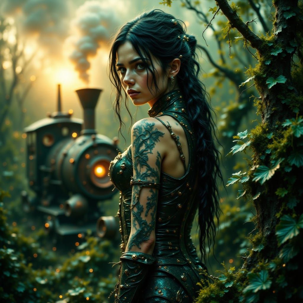 Gothic Woman with Train Tattoos in Twilight