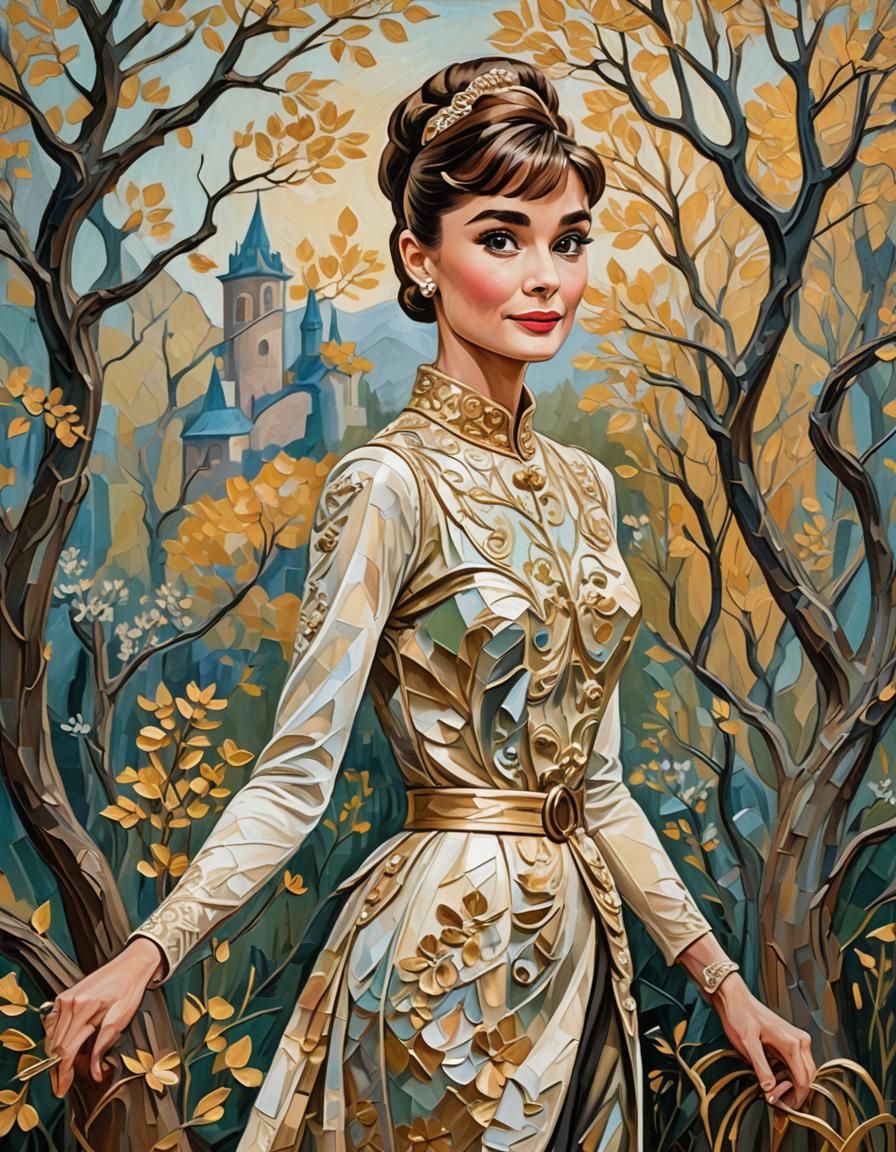 Audrey Hepburn Impasto Painting in Art Nouveau Style