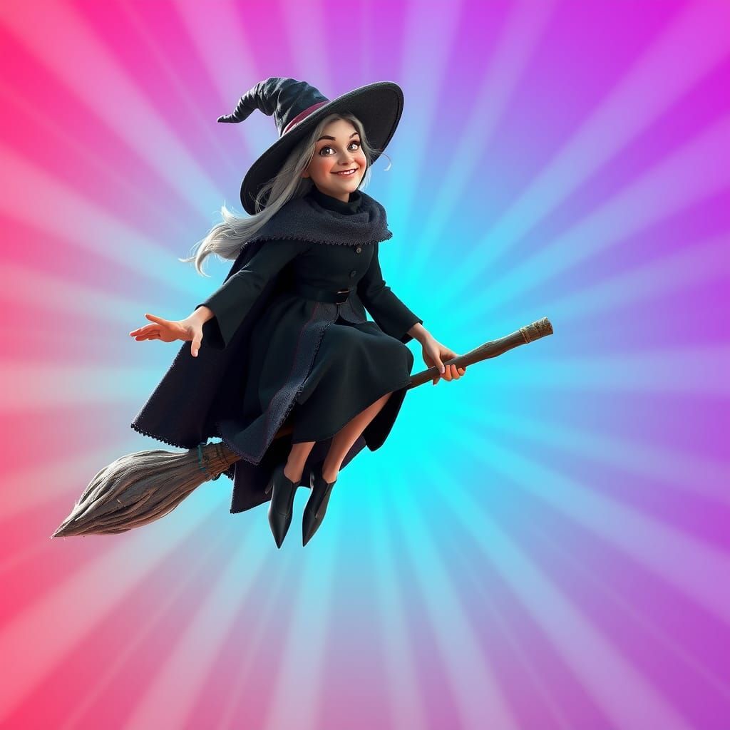 Whimsical Witch on Broomstick: 3D Digital Art