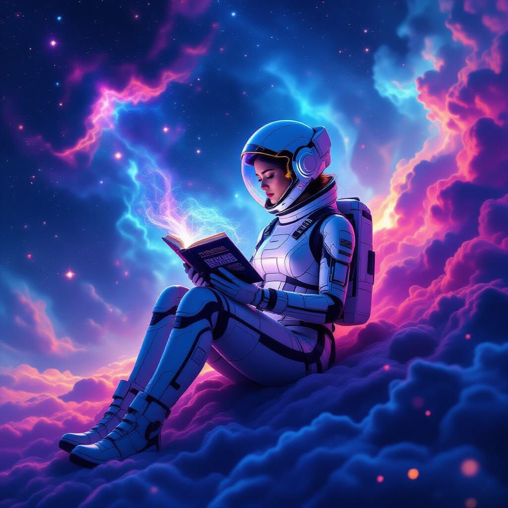 Woman Reading in Space: Neon Noir Dreamscape