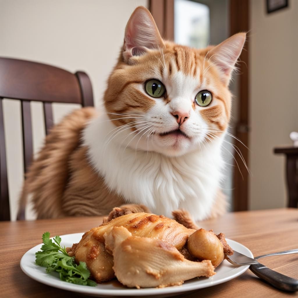 Cat's Intense Gaze Before Chicken Meal