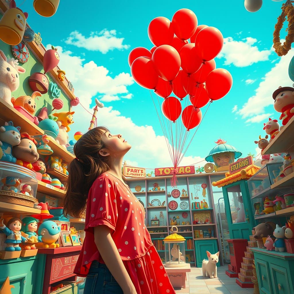 Woman Releases Balloons in Whimsical Toy Shop