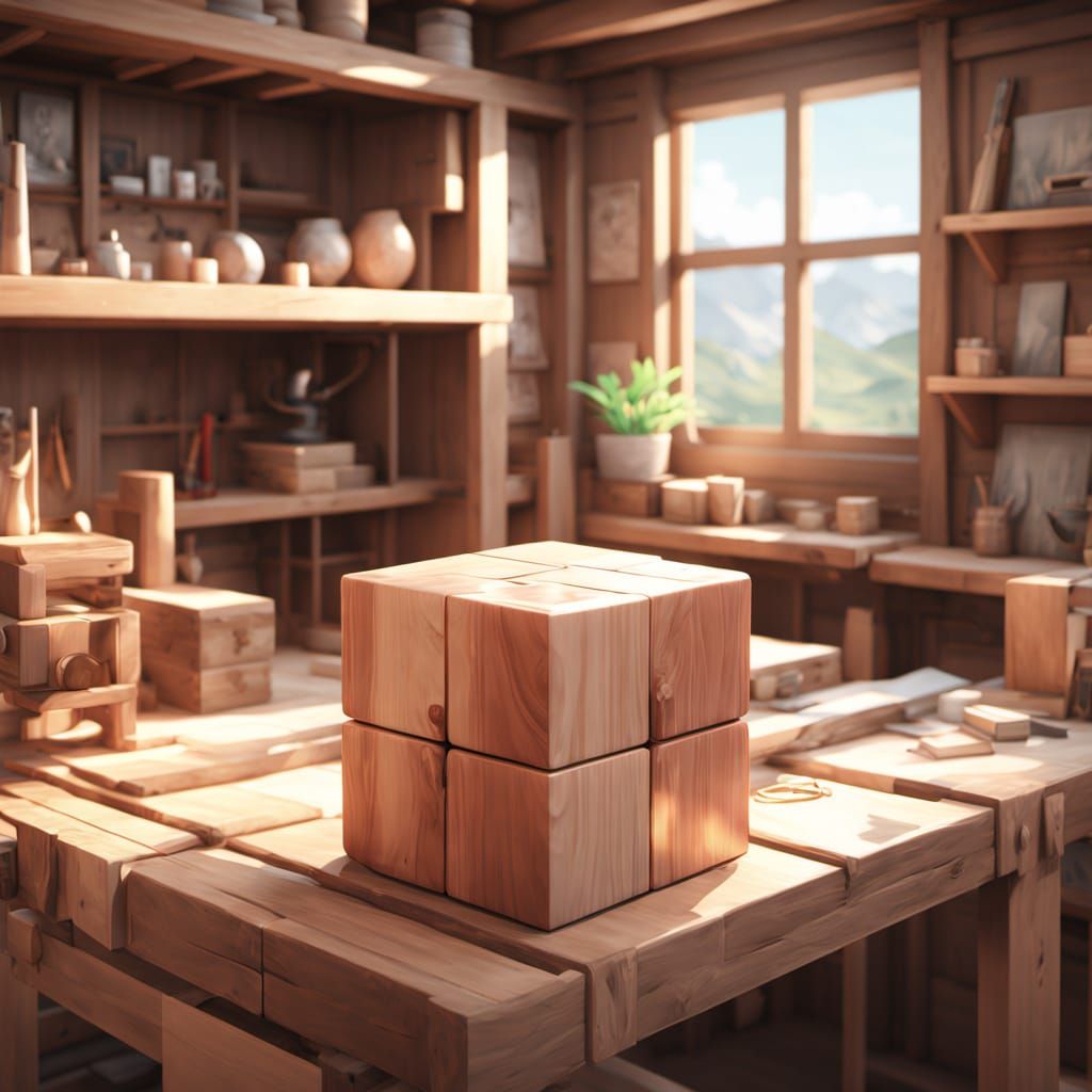 Wooden Cube in Workshop, 3D Anime Art