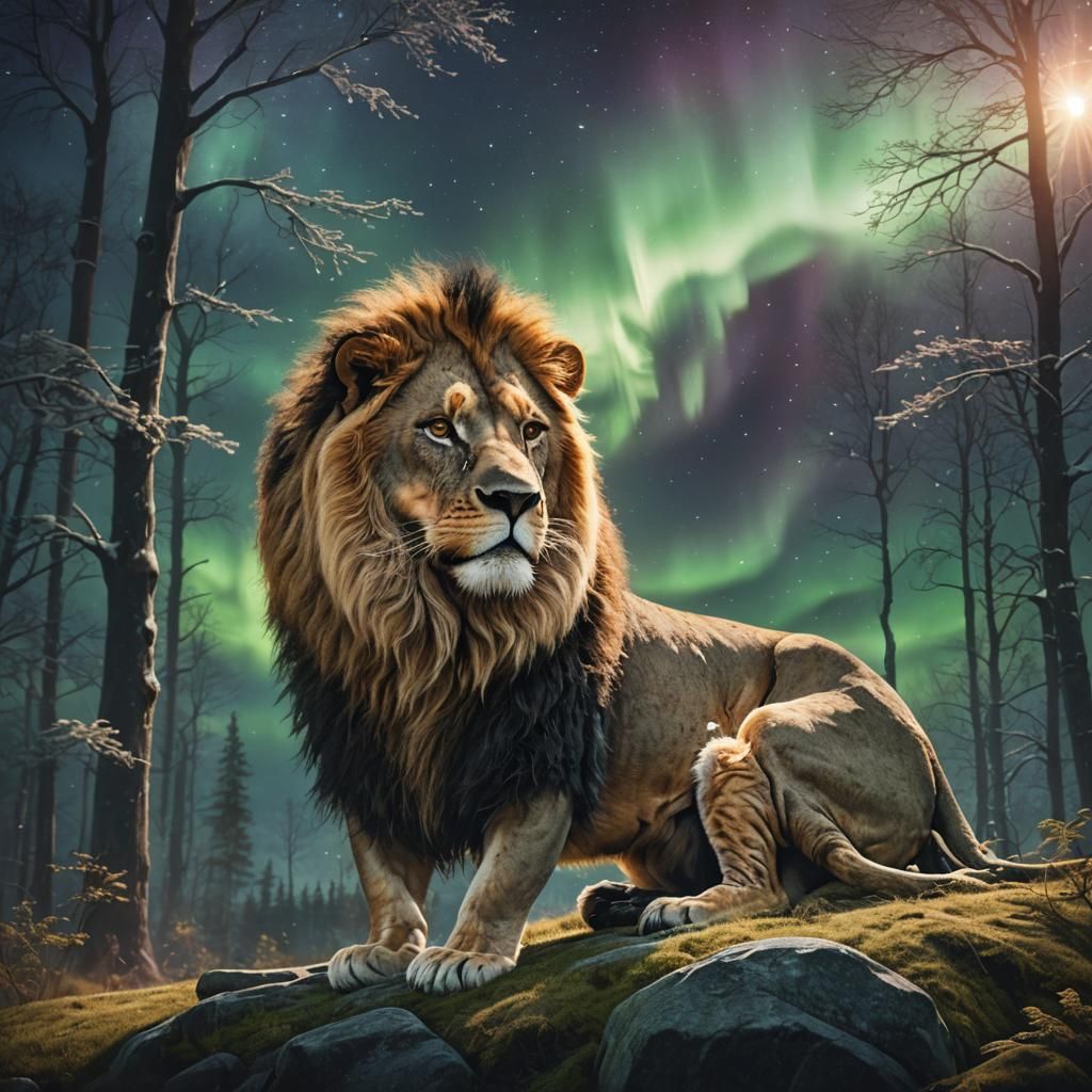 Lion in Dark Forest with Northern Lights