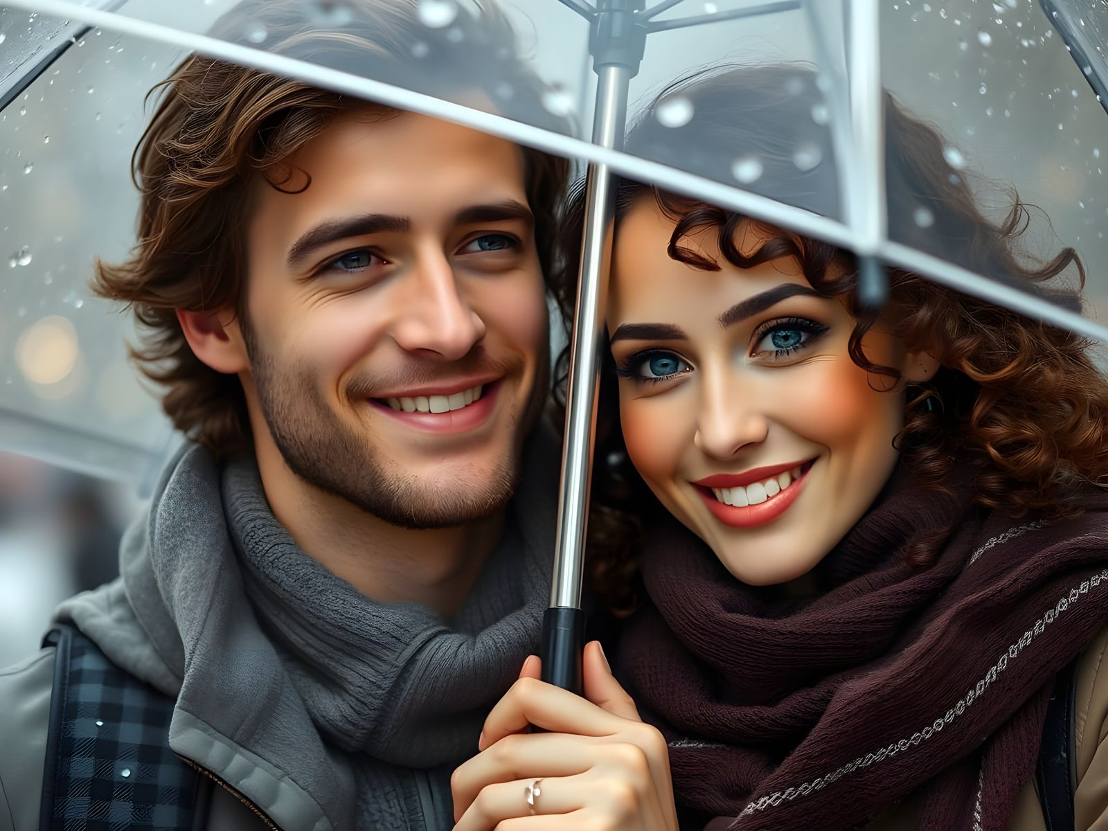 Couple in Love Walks Together Under Spring Rain