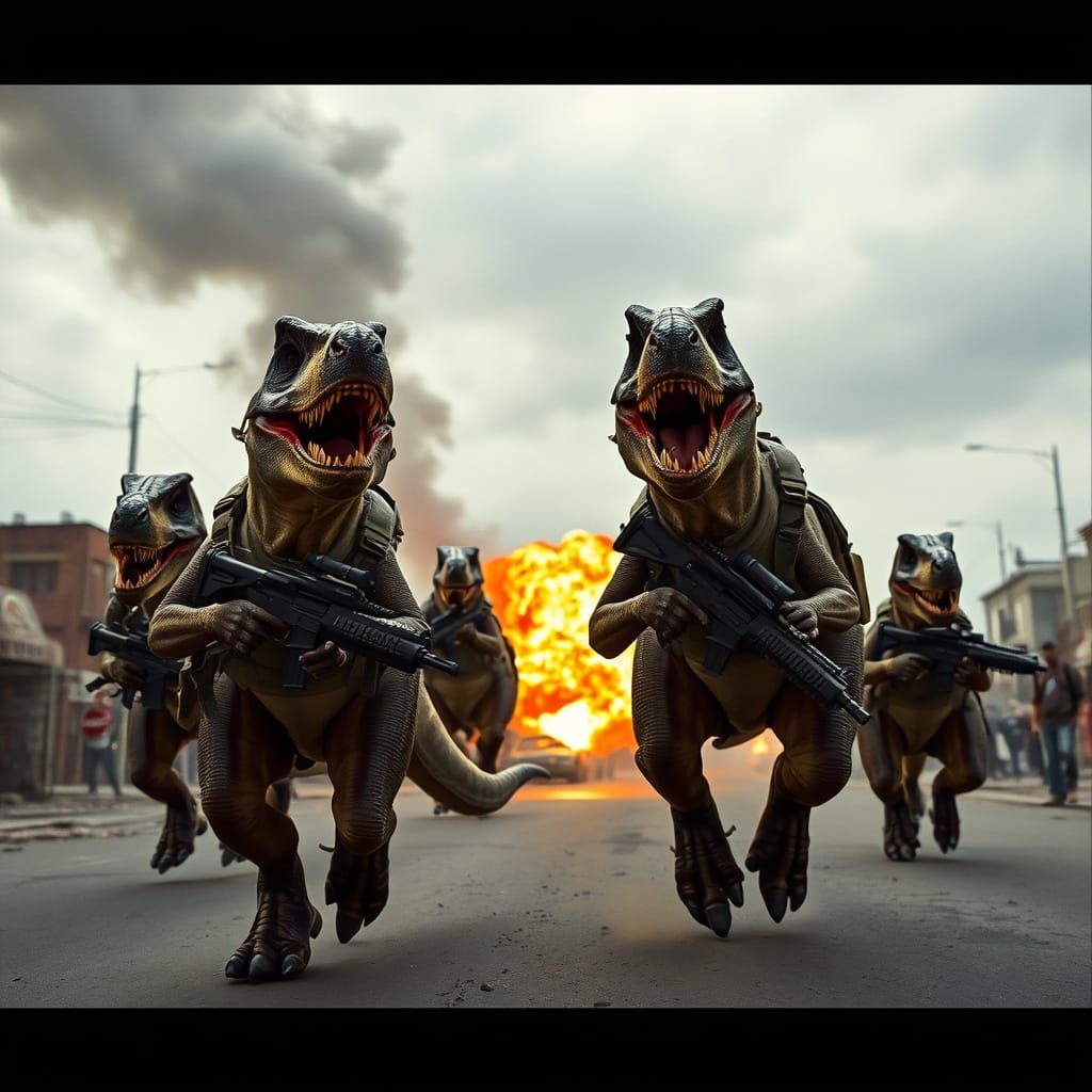 Tyrannosaurus Rex Warriors Storm Gritty Urban Landscape