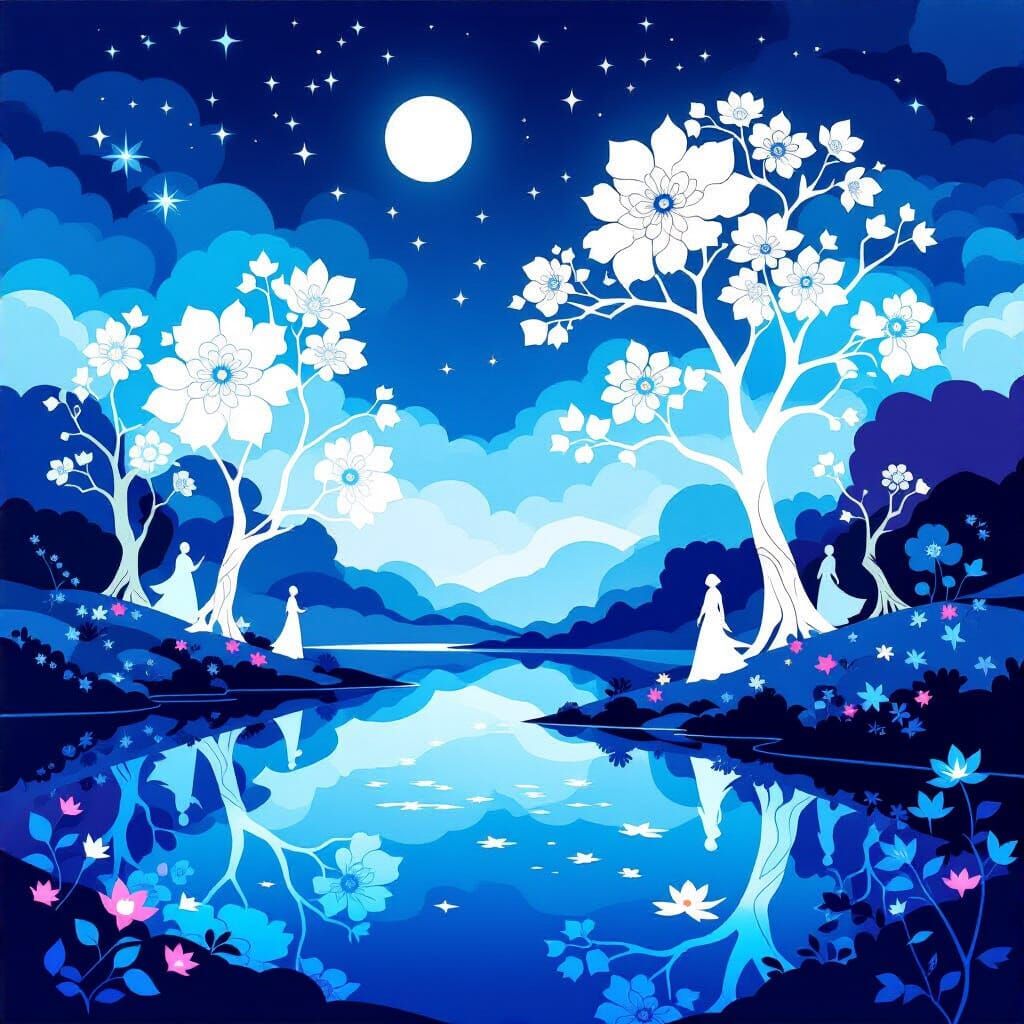 Ethereal Landscape with Luminous Trees and Misty Figures