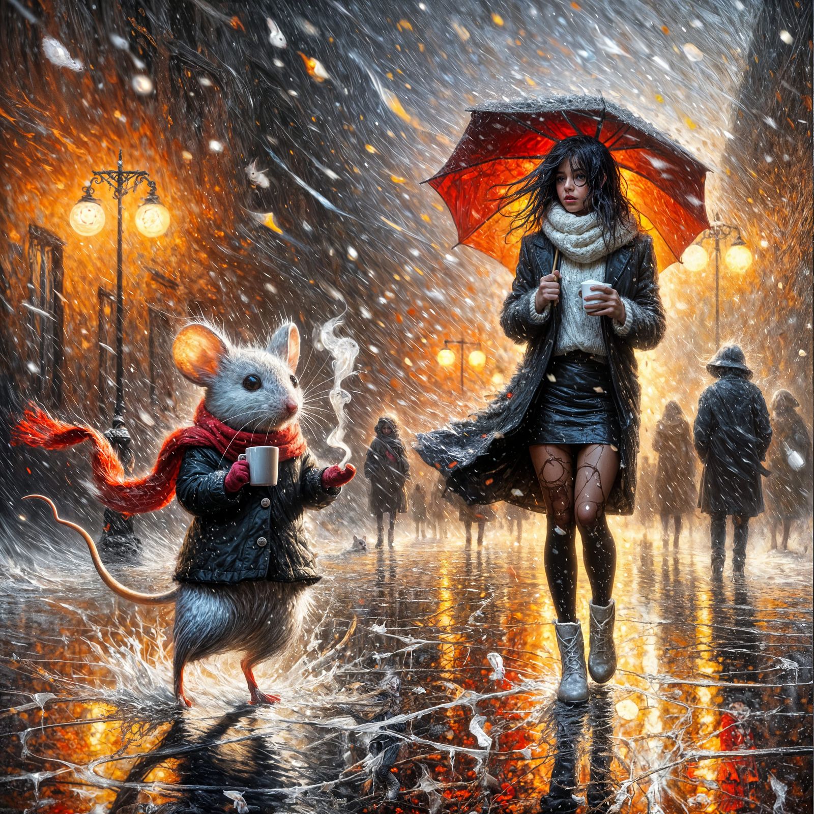 Mouse and Woman Brave Rainstorm as Impasto Painting