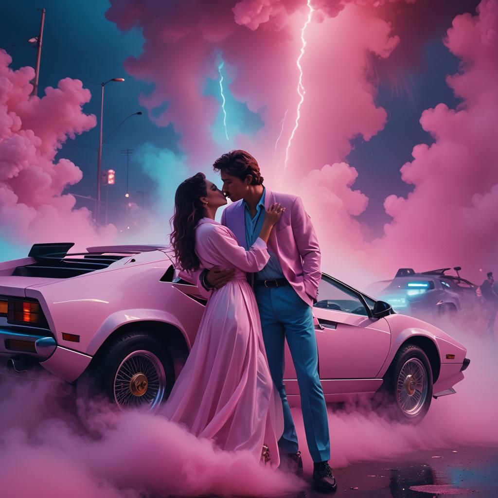 80s Style Poster: Kiss in Neon Fog