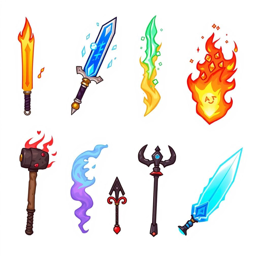 Chibi Elemental Weapons in Vibrant Cartoon Style