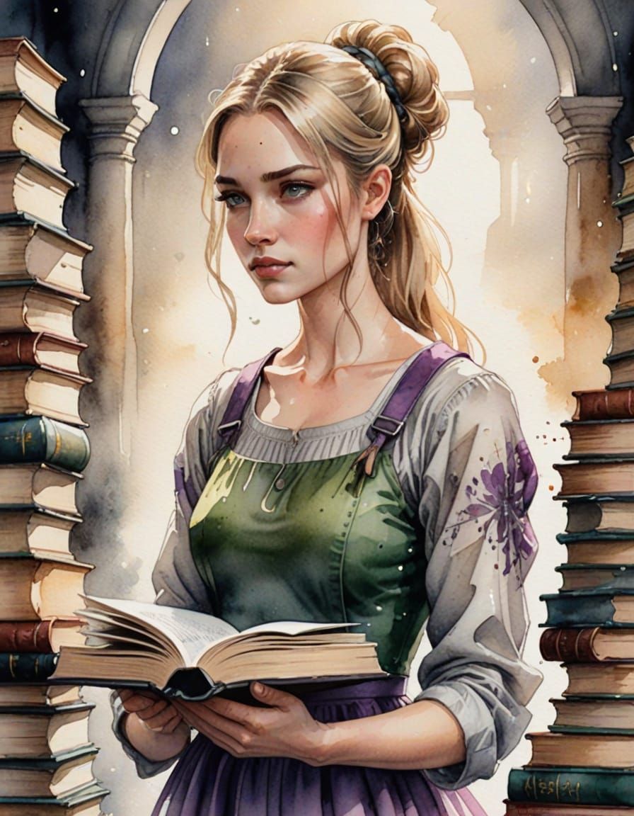 Shy Woman with Books in Watercolor Fantasy Style