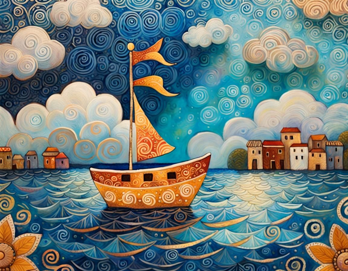 Toy Boat at Sunset: Folk Art in Oil
